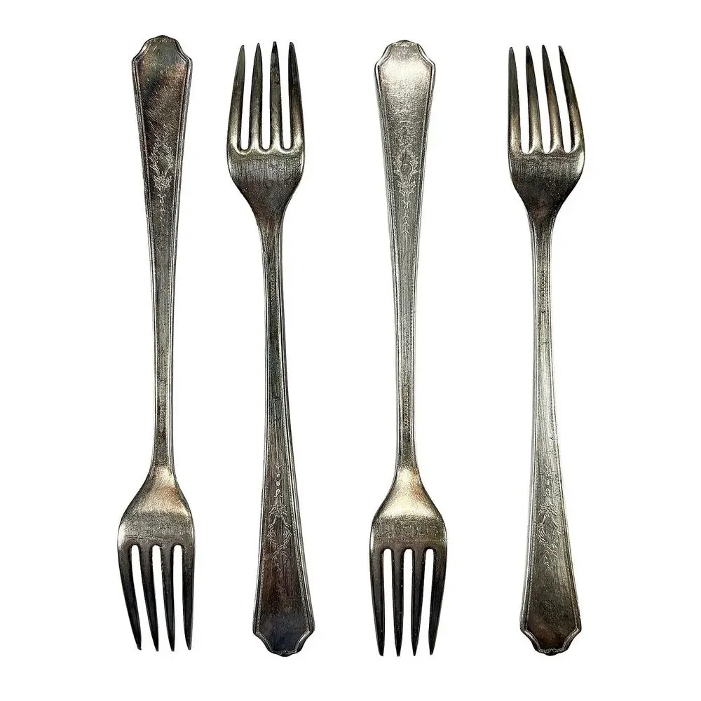 1847 Rogers Bros Ancestral Antique Viande Grille Forks Set of 4 Silverplate